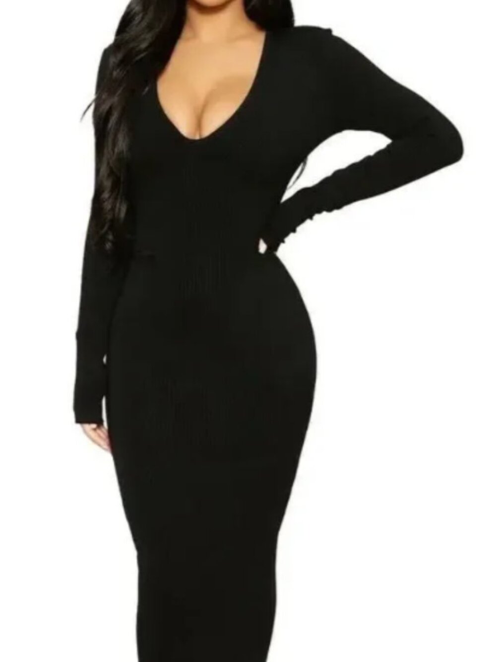 NAKED WARDROBE Black Ribbed V-Neck Maxi Bodycon Dress Small